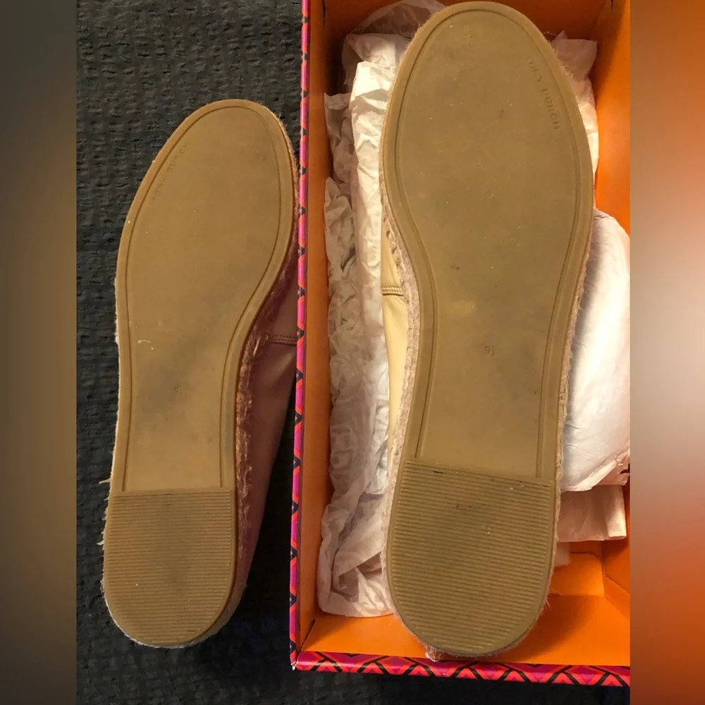 Tory Burch Cream and Black Leather Espadrille Flats